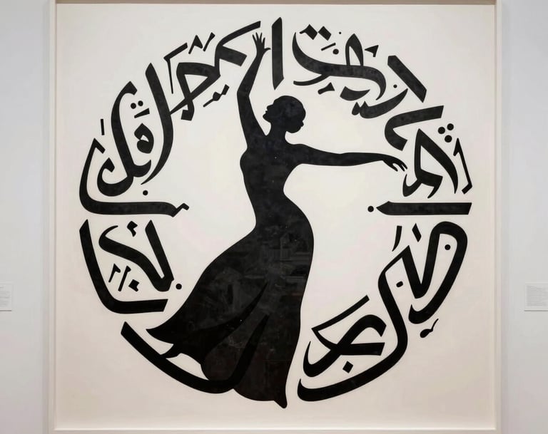 Minimalist photography of a large-scale artwork by Khaled Tirikli. The art depicts a graceful silhouette merged with modern calligraphic elements in black and dark grey. The piece is set within a clean white museum-style frame.