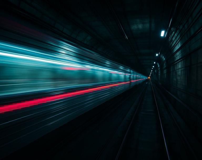 Cinematic shot of a speeding subway train in a Seoul tunnel, heavy motion blur, cyan and magenta light streaks, urban tech style, East Asian / Korean urban.