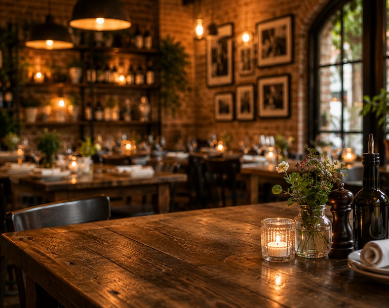 Cozy rustic restaurant interior with candlelit wooden tables and warm ambient lighting.