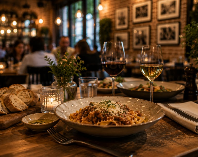 Authentic Italian pasta dinner with red wine and sliced bread at a cozy, candlelit restaurant.