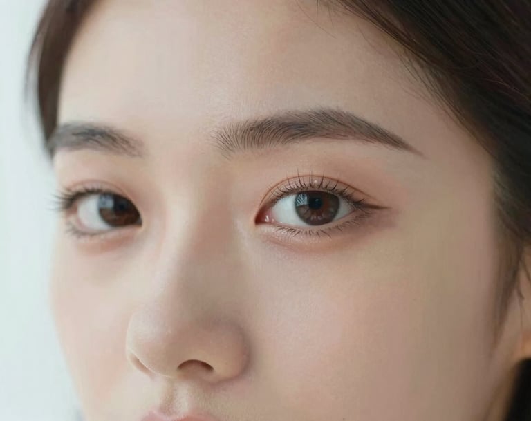 A close-up portrait focusing on eyes and expression, showing high-end makeup artistry. Soft focus on the background. Minimalist aesthetic, lighting that mimics natural window light, very clean and premium.