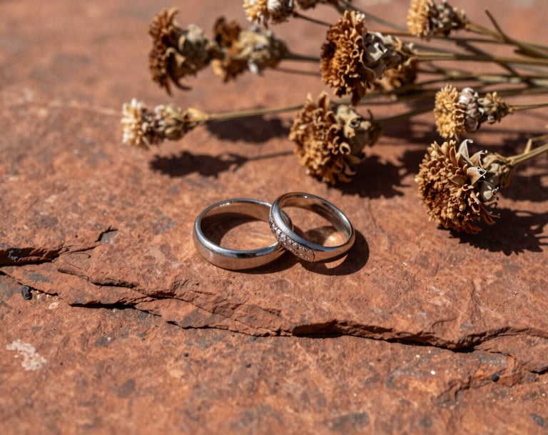 A detailed shot of two wedding rings resting on a piece of natural red sandstone, surrounded by dried wildflowers in terracotta and brown tones. Authentic North American / US outdoor wedding detail shot with warm, direct sunlight.