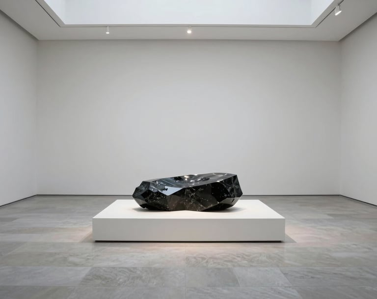 A full-width, wide-angle photograph of a single sculptural piece made of dark, polished obsidian resting on a white gallery plinth. The surrounding space is an empty, high-ceilinged museum hall with white walls and a light gray stone floor. Serene, monumental composition, North American / Western European aesthetic.