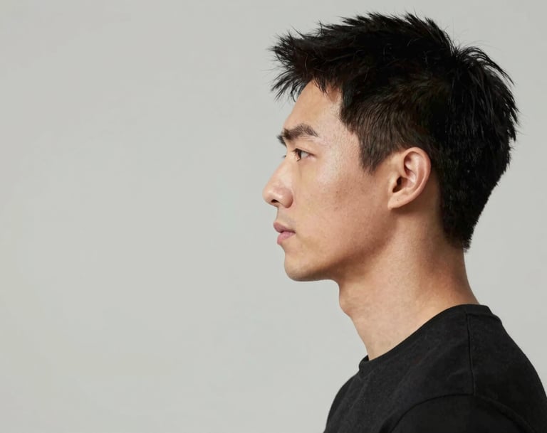 A professional studio portrait focusing on the actor's profile. Clean, minimalist aesthetic. The lighting is soft but defined, accentuating the jawline against a neutral background of #F5F5F5 and #333333. Refined and artistic mood.