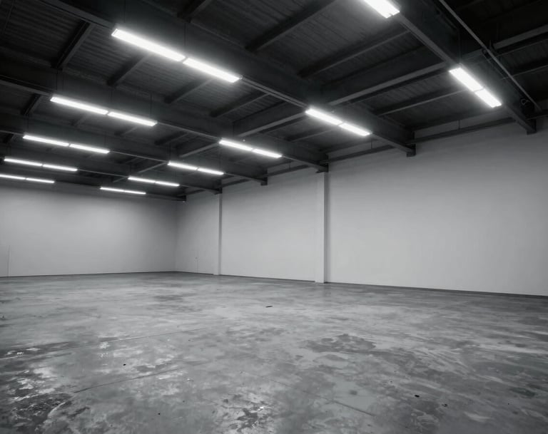 A wide-angle landscape photograph of a minimalist industrial warehouse interior in the US, featuring cold white overhead lighting and charcoal gray concrete floors, embodying a high-performance vibe.