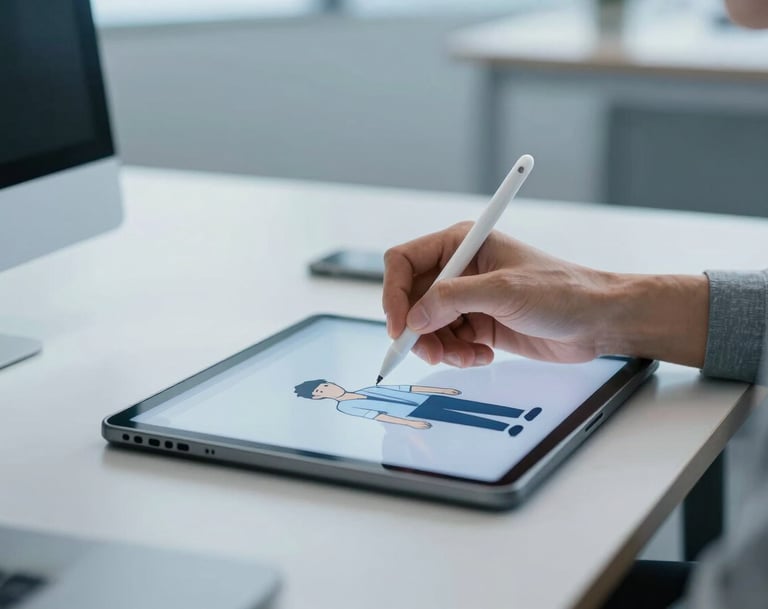 A professional in a North American / US office setting using a stylus to draw a character on a tablet, modern desk, Sky Blue lighting, clean minimalist composition.