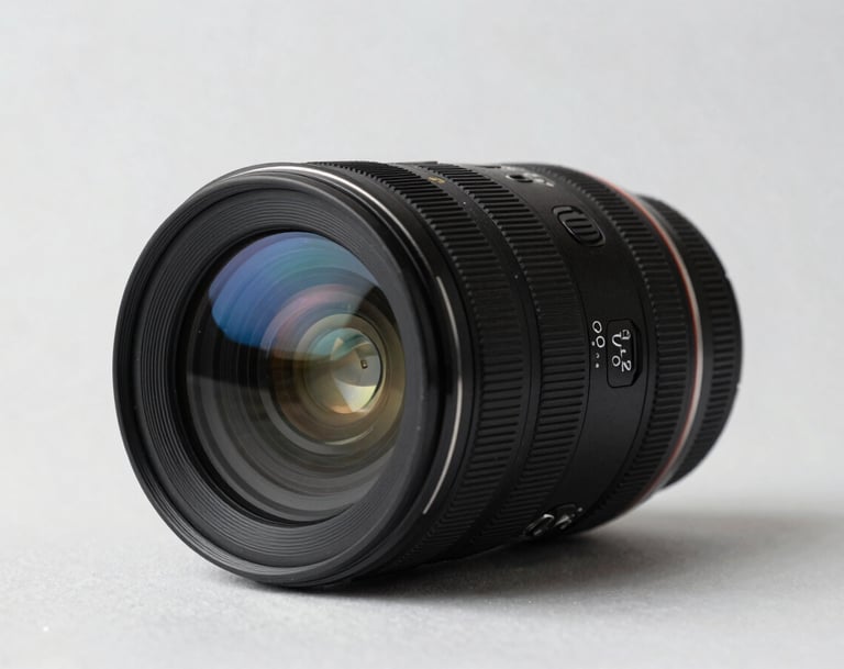 An elegant still life photograph of a high-end camera lens sitting on a mist white surface. The composition is minimalist with soft blue reflections in the glass and sharp, professional detail.