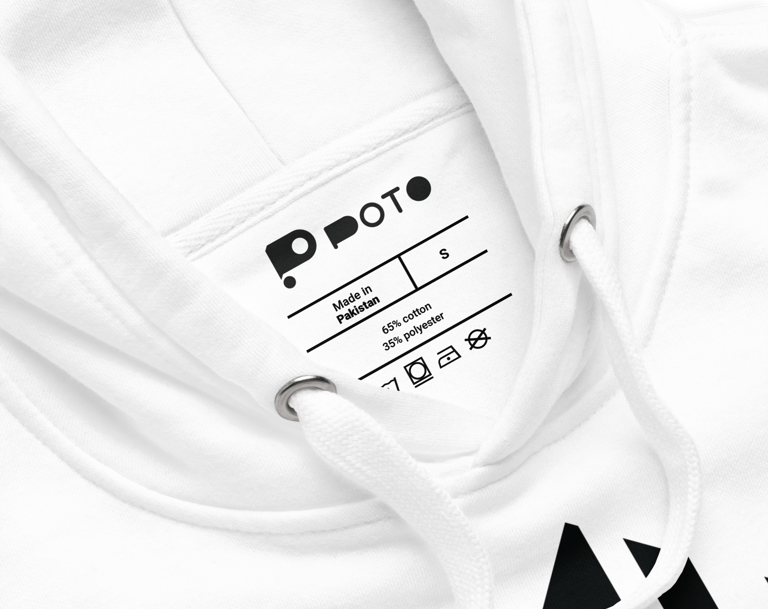 Close-up of a white cotton polyester blend hoodie featuring a printed neck label and drawstring hood.