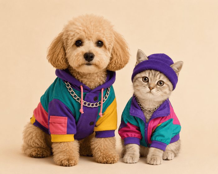 Adorable perro y gato con coloridos chándales para mascotas al estilo retro de los años 90