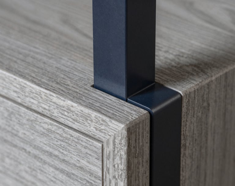 Macro photography of high-quality furniture joints and materials, featuring Soft Gray Blue oak wood texture meeting a Dark Navy metal element. Sharp focus, professional lighting, reflecting Northern European craftsmanship.