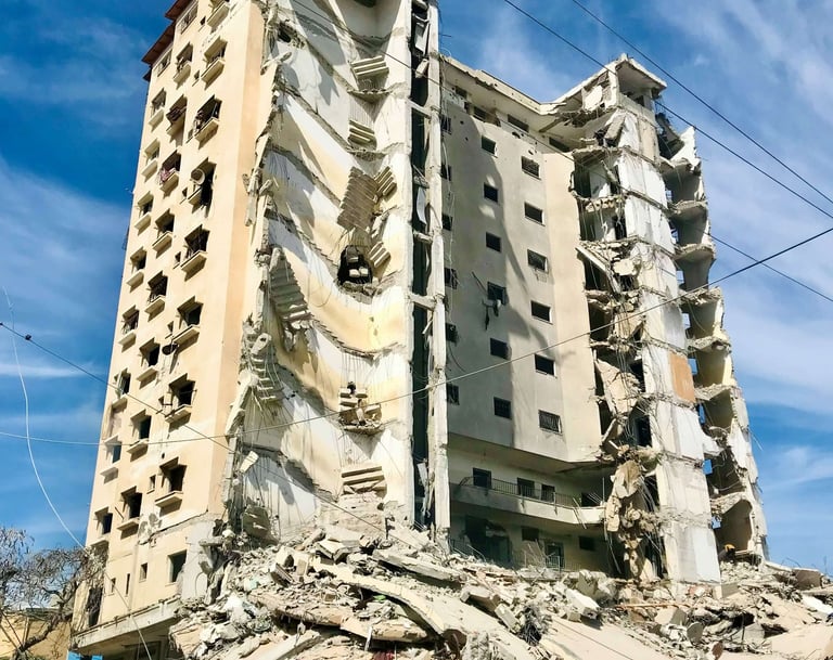 Destroyed multi-story apartment building with heavy structural damage because of earthquake