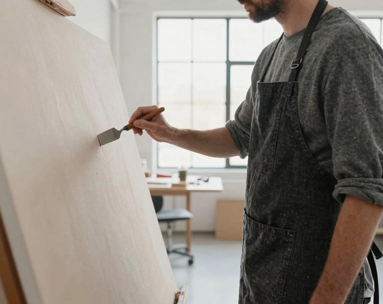 An over-the-shoulder shot of an artist in a minimalist North American studio. The person wears a charcoal linen apron and works on a large canvas using a palette knife. The room is filled with bright, diffused natural light from large industrial windows.