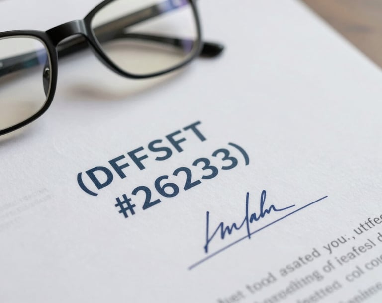 A macro photograph of official legal documents with bold stamps and signatures. A pair of professional glasses rests on the page. The lighting is crisp, focusing on the texture of the paper (#F5F5F5) and the dark ink (#263238). It represents thoughtful inquiry and evidence.