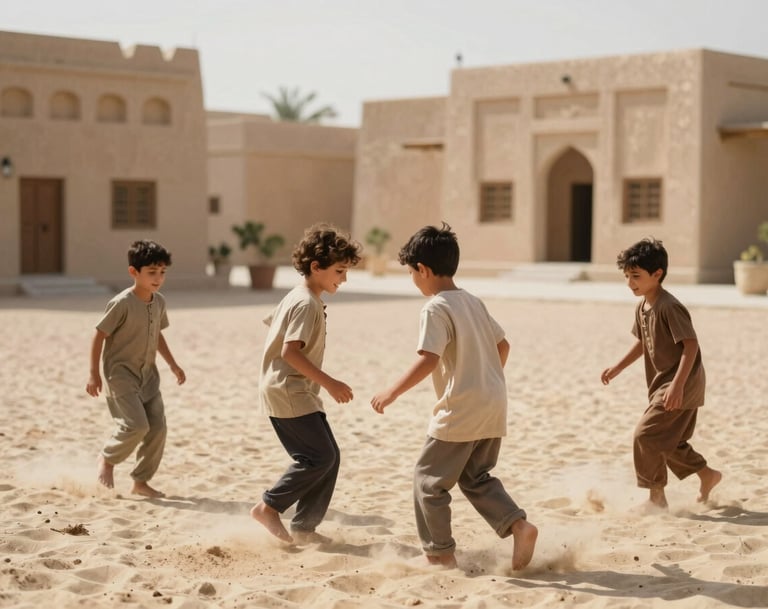 A candid, cinematic photo of children playing in a sun-lit courtyard of a Middle Eastern / Gulf villa. Soft sand and tan tones dominate the scene. Soft focus on the background, bright and airy feel, high-quality lifestyle photography.