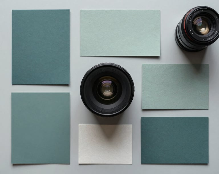 A top-down flat lay of a branding mood board featuring tactile color swatches in muted teal and dusty sage, textured paper samples, and a design tool on a light mist surface in a North American / US workspace.