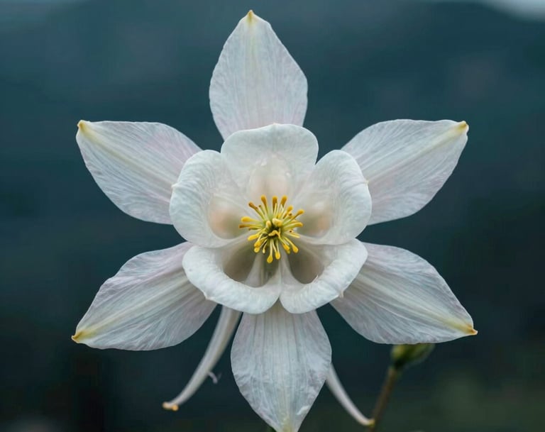 Close-up of a white columbine flower with delicate petals, positioned against a dark teal background of mountain shadows, North American wilderness style, professional photography.