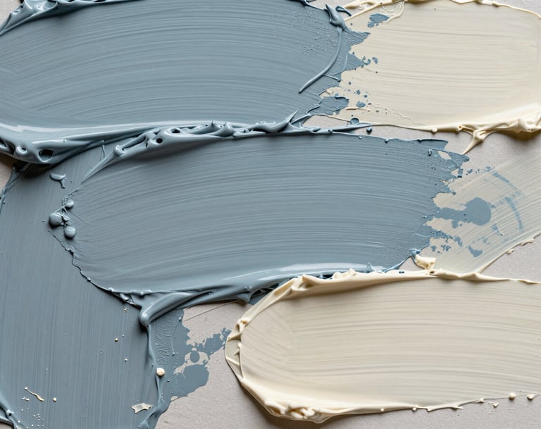 A macro photograph of artistic textures, showing palette knife strokes in muted slate blue and soft ivory. Soft, professional studio lighting in a European / French artist's atelier.