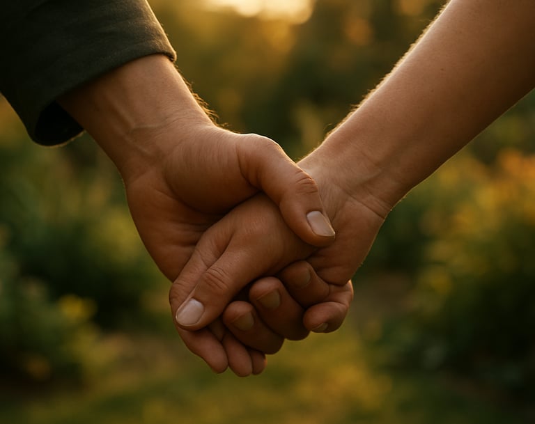A close-up shot of two people's hands held together tightly, warm golden hour sunlight, authentic connection and storytelling, soft focus North American garden background.