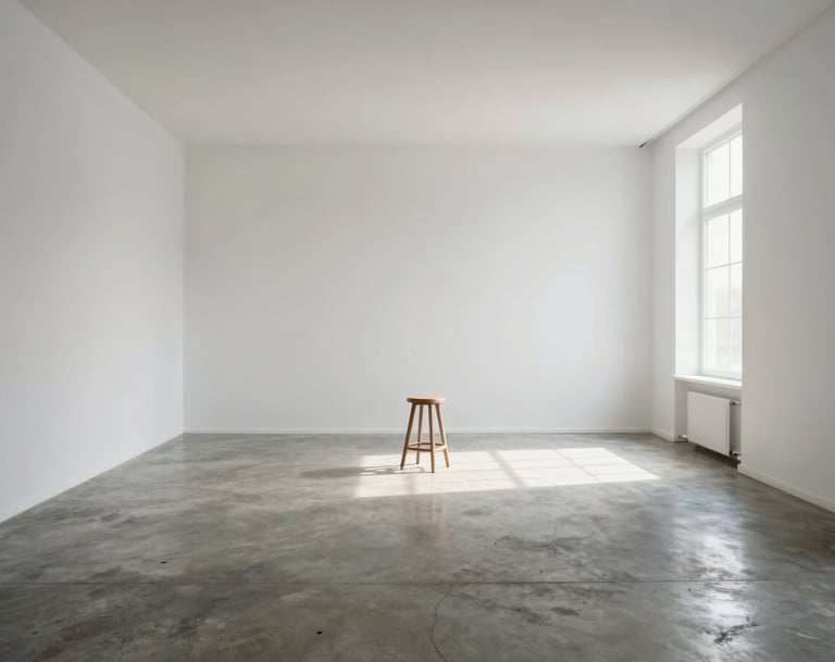 A wide-angle interior shot of a minimalist photography studio, polished concrete floors, tall white walls, a single stool in the center, high-key natural lighting, North American / European.
