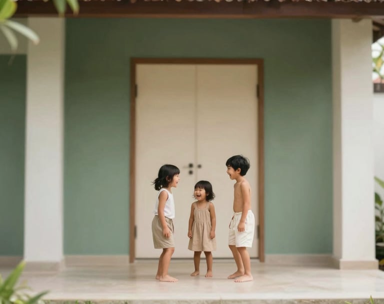 Candid, joyful laugh of children playing in a minimalist Bali villa. Serene and heartfelt elegance. Natural lighting, warm storytelling aesthetic. Color palette features dark green (#2A362B), muted green (#5F705B), warm beige (#C7B7A3), and off-white (#F7F3EE).