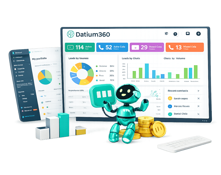 Funcionamiento de Datium360 con panel unificado para WhatsApp, llamadas y métricas con IA