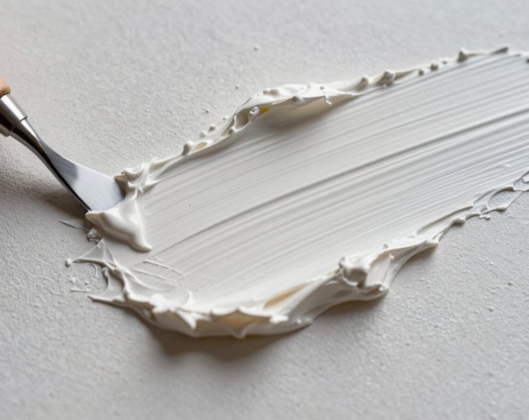 Extreme macro photography of a textured art piece. The image shows the intricate details of a palette knife's stroke in white acrylic, showing subtle shadows and a professional matte finish.