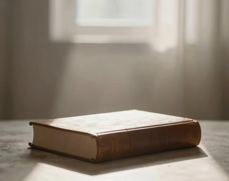 A serene, artistic photograph capturing a beam of morning sunlight cutting through a hazy room, illuminating a leather-bound book on a table. The composition uses the #F5F2EC cream and #A79E8B taupe palette to create a sense of peaceful devotion.