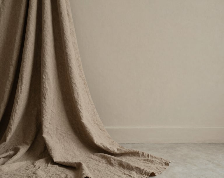 An intimate portrait shot in an airy room with soft linen textures. The subject is draped in a warm taupe fabric, creating a serene and sophisticated mood. Minimalist composition with plenty of negative space.