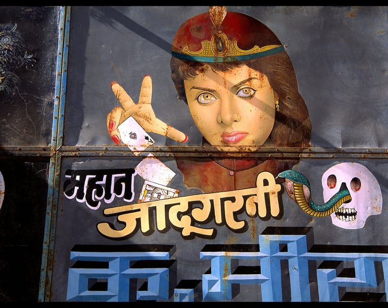 The sign from a magician in one of India's traveling circus acts.