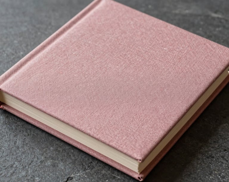 Macro photography of an elegant linen wedding album cover in a dusty rose color, resting on a dark grey stone surface, soft natural side lighting.