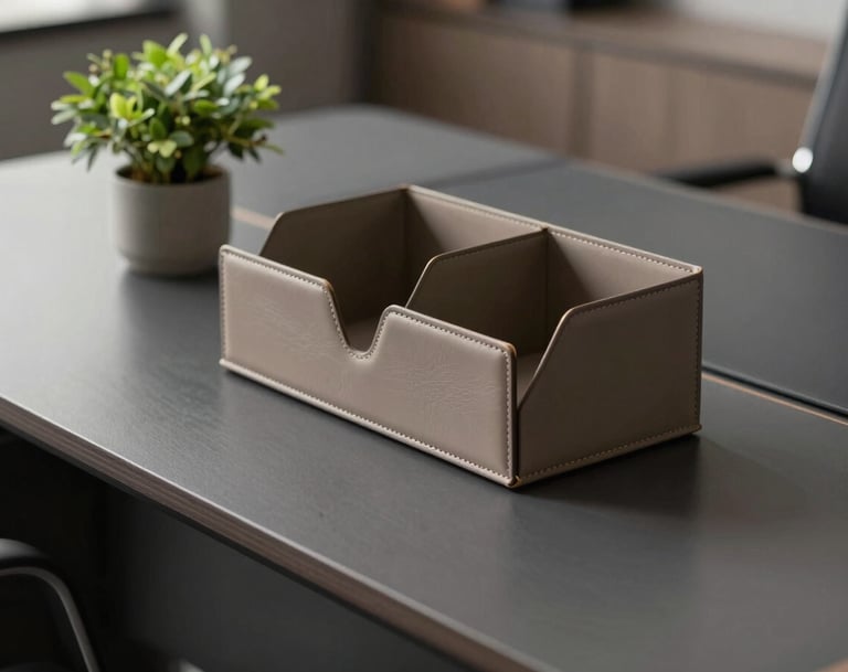 A close-up photograph of elegant office details, featuring a charcoal-colored designer desk, a taupe leather organizer, and a small potted plant. The composition is clean and modern, conveying a sense of high-end professionalism.