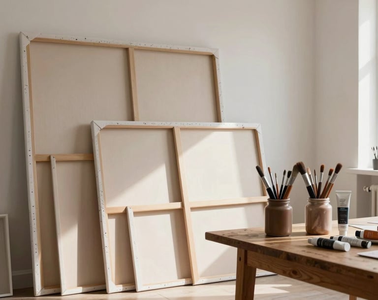 A professional interior photograph of an artist's studio. Large canvases are leaned against soft off-white walls. Natural light floods the room, casting gentle shadows. A wooden table holds jars of brushes and tubes of paint in muted brown and warm taupe tones.