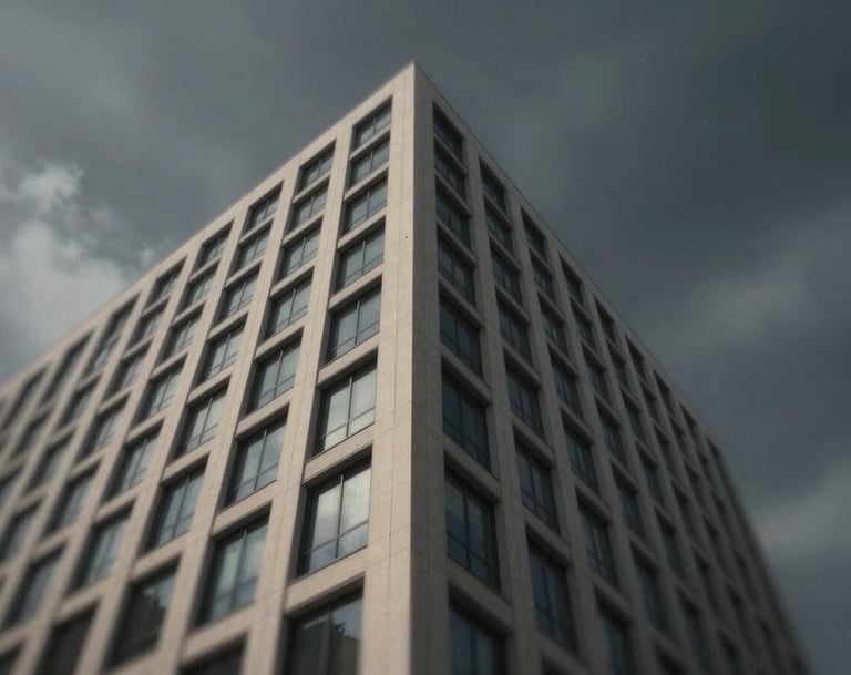 A low-angle, powerful shot of a modern building facade against a dark, moody sky. Strong perspective lines, incorporating #F5F5DC and #1A1A1A. Cinematic and impactful.