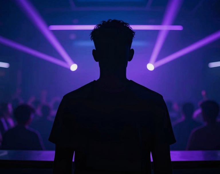 A silhouette portrait of NICKY AWAKE behind the decks in a dark club. The background is washed in a deep #2C2D3B blue with sharp #7A7CF1 purple strobe lights cutting through the atmosphere. Energetic and professional.