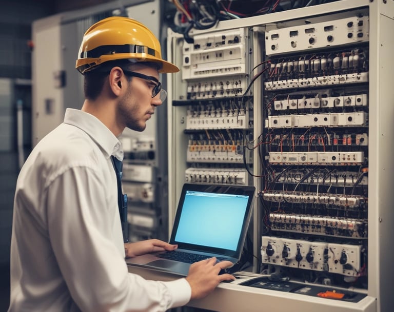 Technician working on industrial automation control panel in a factory setting.