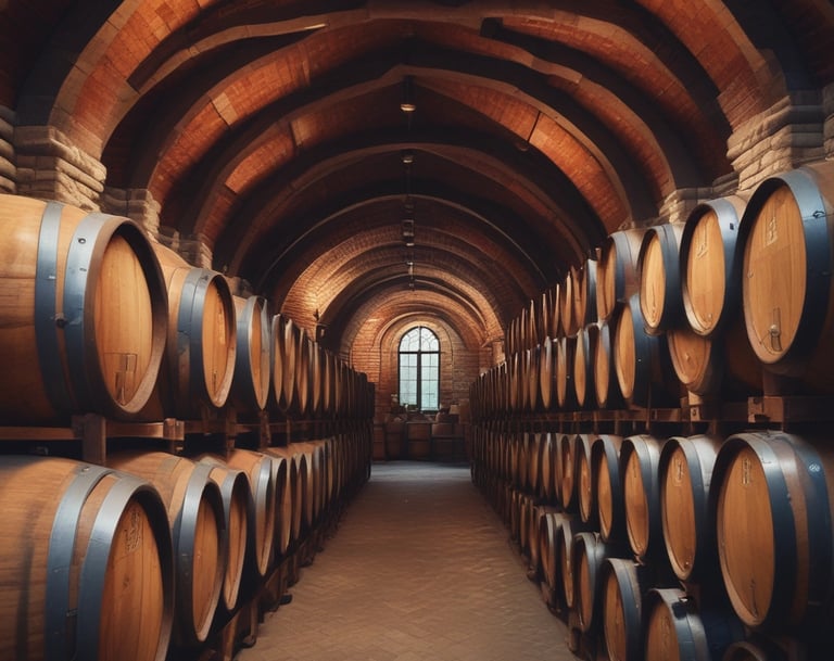 File di botti di rovere invecchiano il vino in una rustica cantina sotterranea in pietra con soffitt