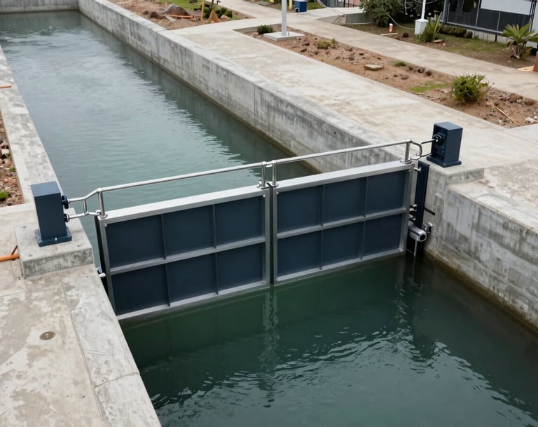 A high-angle architectural shot of a newly installed steel water control gate within a clean concrete canal. The water is calm, and the surrounding environment is a tidy, modern infrastructure site in Southeast Asia. Professional, minimalist aesthetic with deep navy and silver accents.
