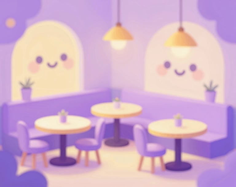 A digital illustration of a joyful restaurant scene with simplified, rounded character designs and organic shapes. Palette uses soft lavenders and yellows for a magical, sensitive atmosphere.