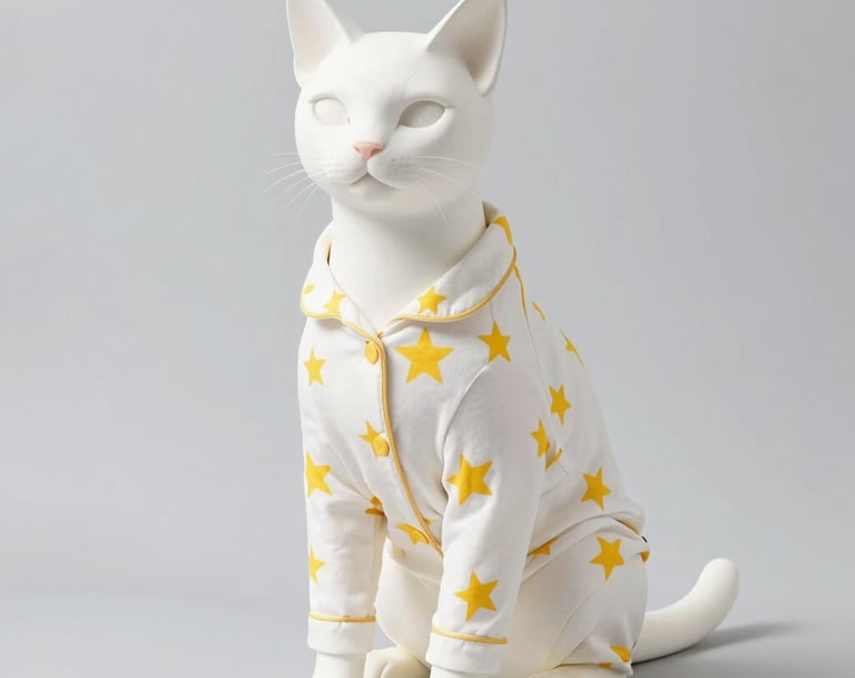 Un maniquí de gato blanco con un bonito pijama de estampado de estrellas, sobre un fondo gris