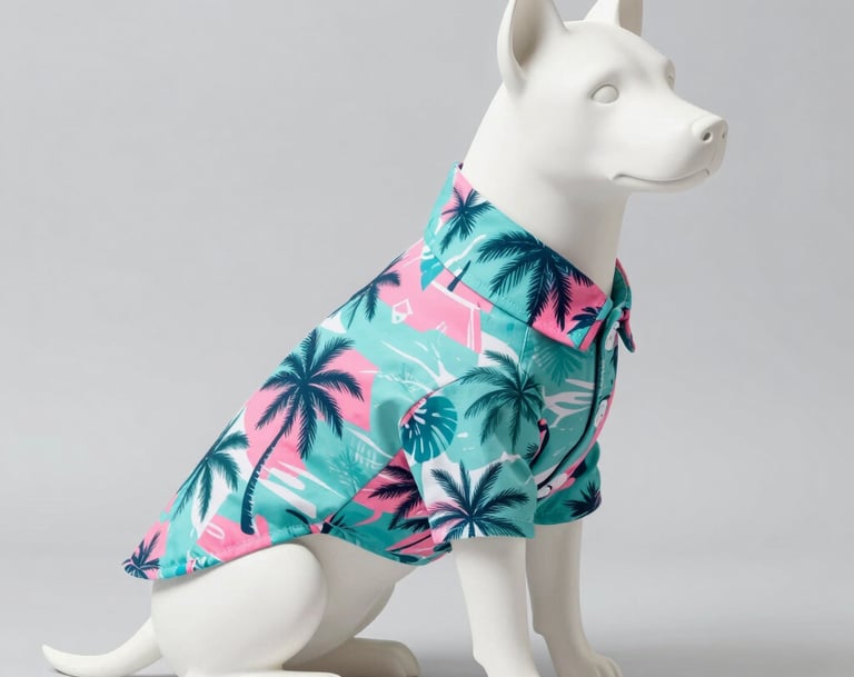 Maniquí de perro blanco con una camiseta para mascotas con estampado de palmeras en color verde