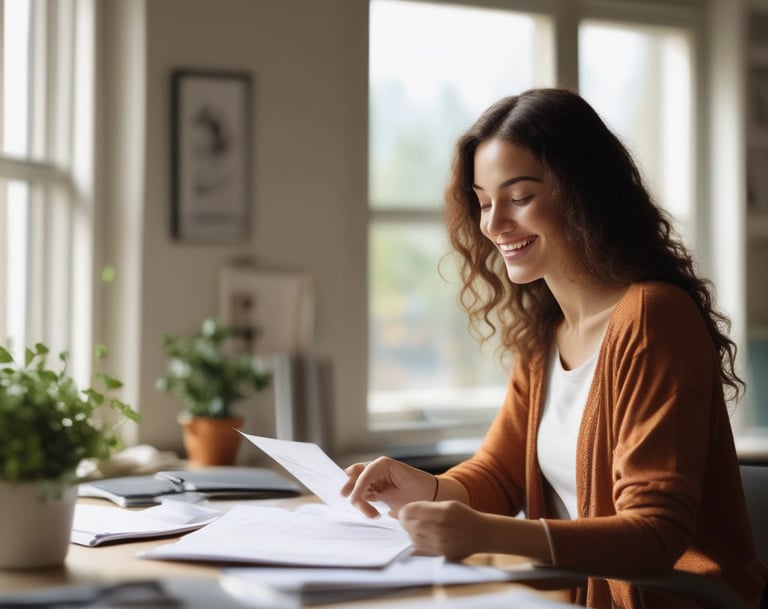 A friendly bookkeeper reviewing financial documents with a client in a cozy office setting.