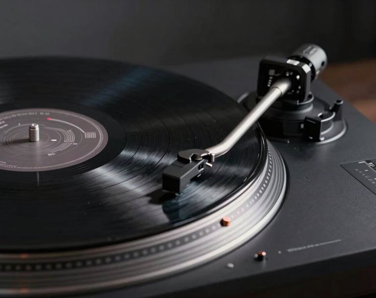 A sleek, cinematic close-up of a high-fidelity turntable playing a black vinyl record. The lighting is low-key, featuring soft deep gray highlights on the metallic tonearm. The setting is a modern, minimalist North American interior with a dark, polished aesthetic.