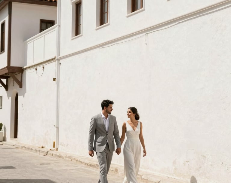 A wide-angle photography shot of a Middle Eastern / Turkish couple walking through a sun-drenched, narrow Bodrum street with iconic white walls. The groom is in a light grey suit, the bride in a minimal white dress. Warm, high-contrast daylight.