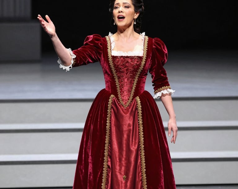A professional production photograph of a mezzo-soprano in an elegant, red velvet period costume performing on a modern stage. The lighting is dramatic and focused, highlighting the artist's expression. North American / US opera house setting.