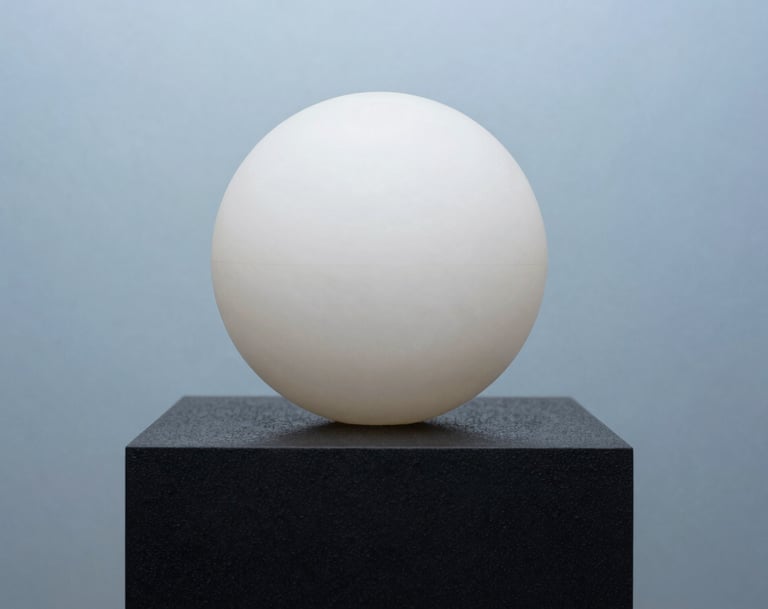 A minimalist art object featuring a smooth off-white sphere resting on a textured rich black pedestal. The background is a clean light steel blue. Sophisticated composition, sharp focus, capturing an avant-garde aesthetic.