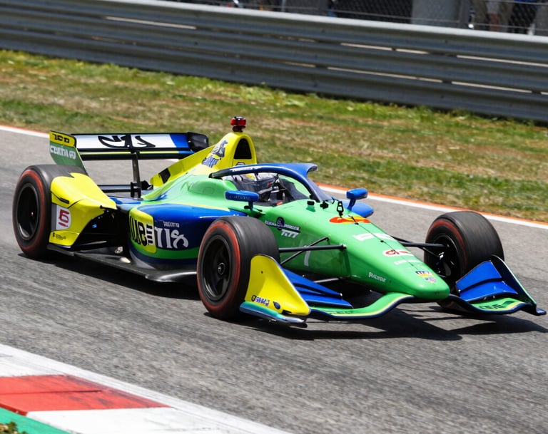 A high-speed action shot of a vibrant IndyCar navigating a street circuit in the North American / US sun. Intense motion blur on the wheels and track surface, emphasizing the raw energy and speed. Professional photography style with a focus on color and precision.
