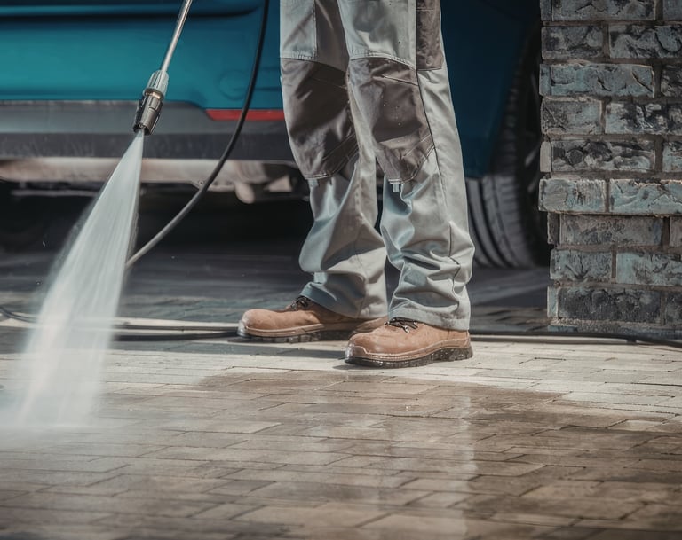 Professional worker using a high-pressure washer to clean a stone paver driveway.
