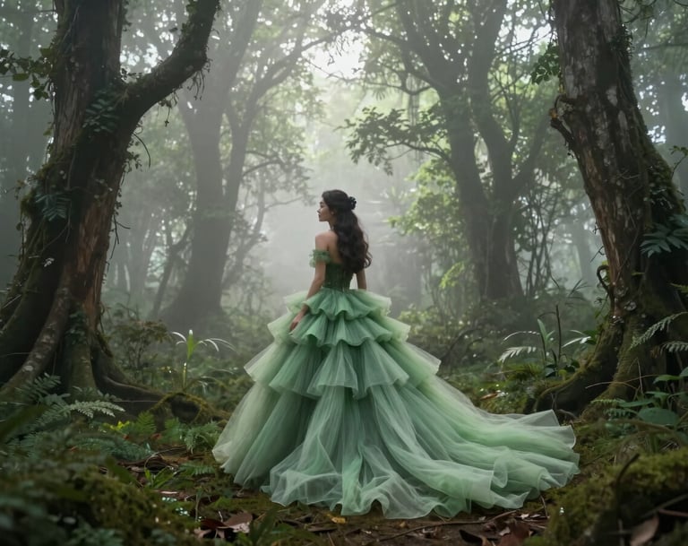 A whimsical wide shot of a person in a full-skirted gown made of layered soft green tulle, standing in a misty, enchanted Western / Global woodland. The light filters through the trees in ethereal rays.