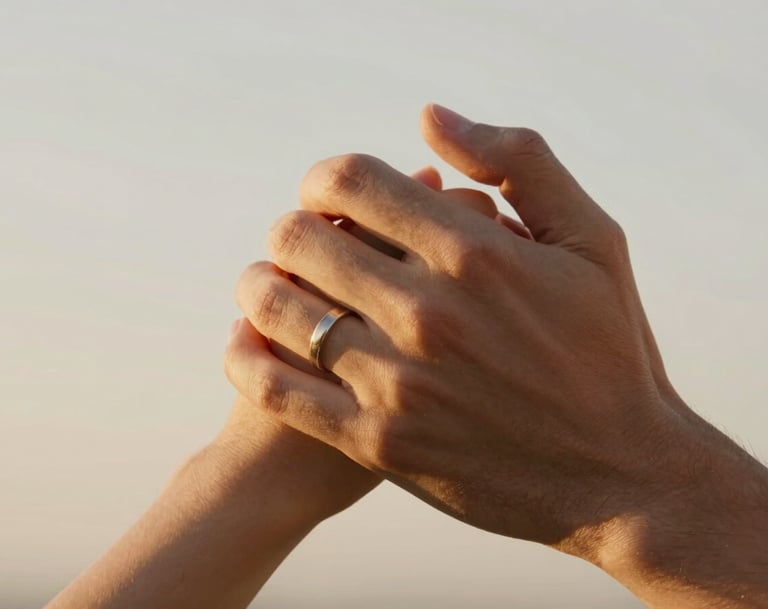 A close-up of two hands intertwined, wedding rings catching the warm golden light, skin tones looking natural and authentic against a soft off-white background.