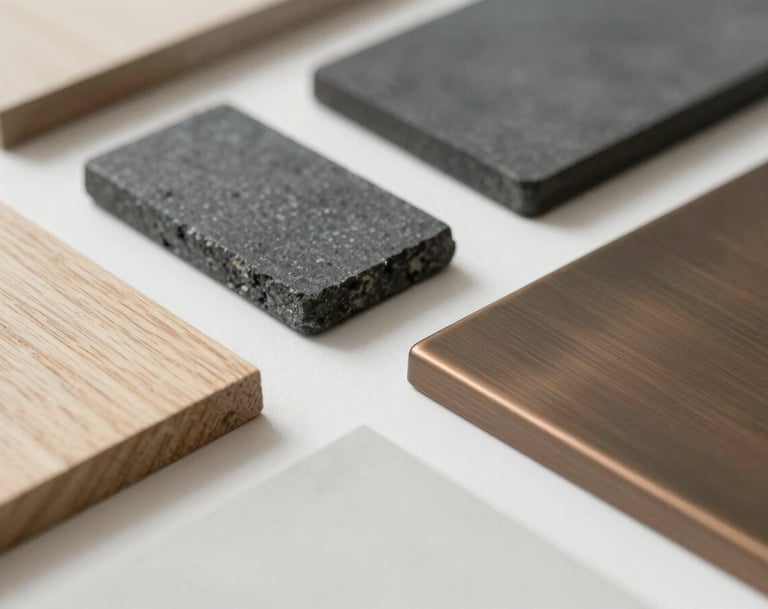 A close-up, high-angle shot of physical architectural material samples. Pieces of smooth charcoal stone, light beige oak wood, and brushed bronze metal are arranged neatly on a clean white surface. Soft, natural daylighting creating subtle shadows. Professional, minimalist composition reflecting brand colors #6B6760 and #D9D2C7.
